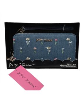 Betsey Johnson Boxed Floral Embroidered Denim Zip Around Wallet